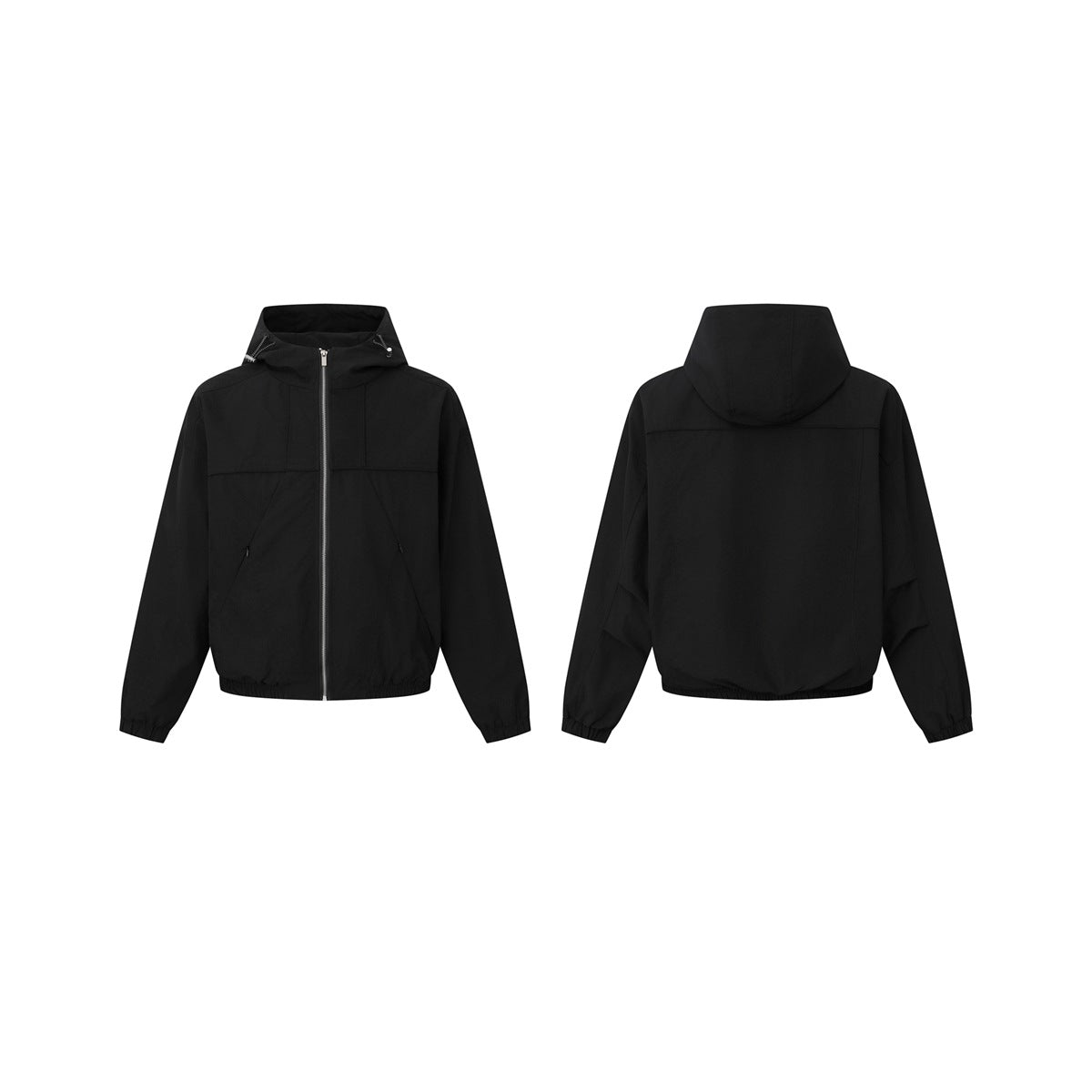 Black hooded jacket shown from the front and back side by side.