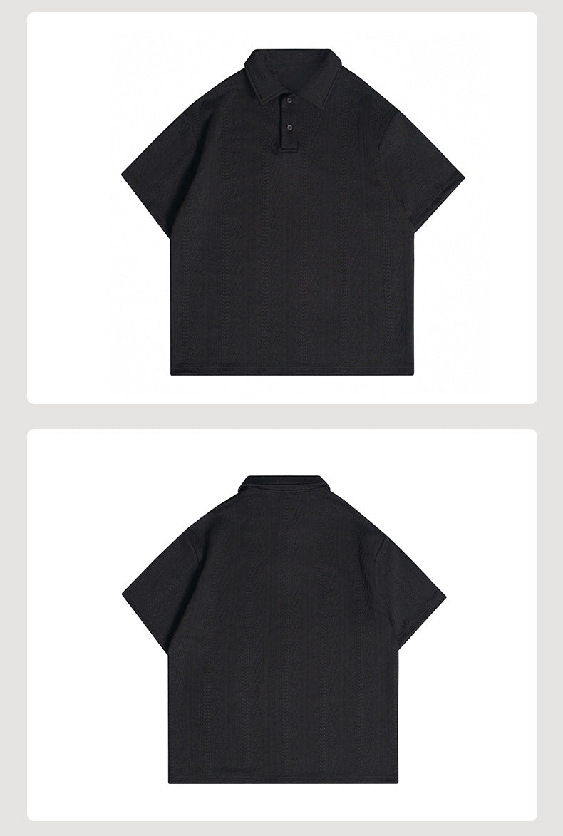 Catalog panels showing the front and back of a black short-sleeve polo shirt.