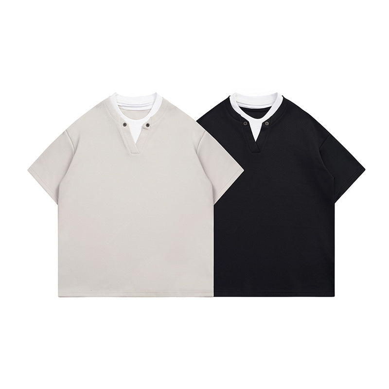 Two short-sleeve shirts shown flat from the front: light beige and black, both with white layered collars and button
