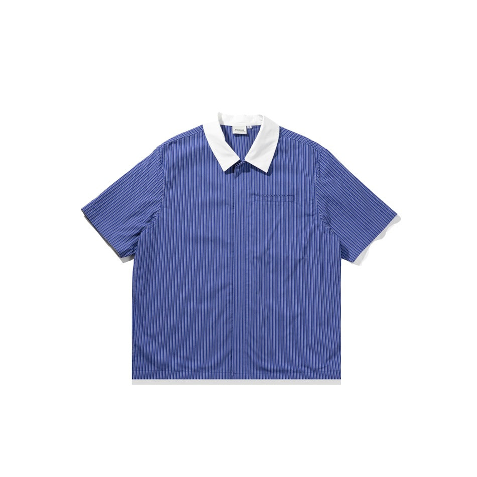 Blue striped short-sleeve shirt with white contrast collar and chest pocket, flat front view on white background