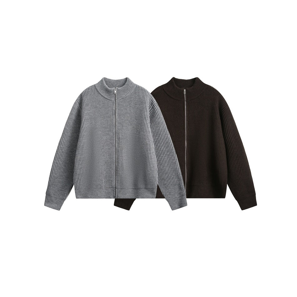 Two ribbed zip cardigans shown together: one gray and one dark brown.