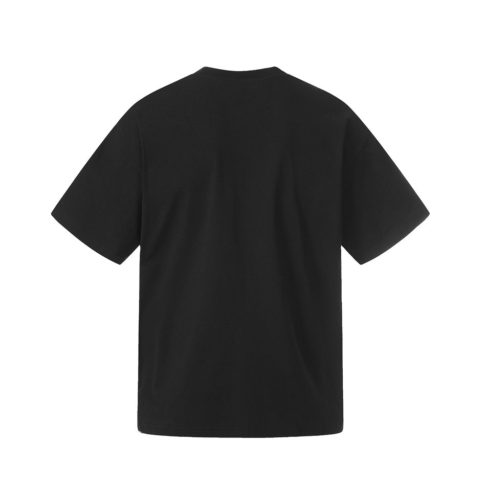 Plain black short-sleeve crew-neck T-shirt shown from the back.