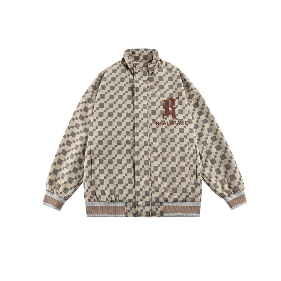 Beige and gray checkered stand-collar jacket with brown embroidered R logo and striped ribbed cuffs and hem, flat front view