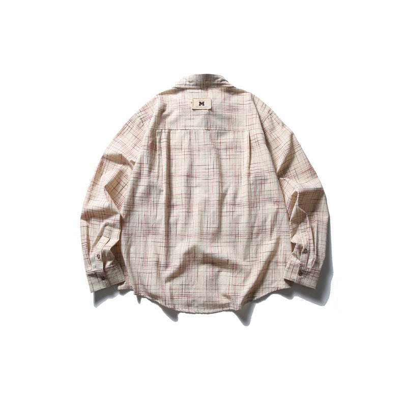 Back view of an off-white long-sleeve shirt with a fine red and gray plaid pattern, laid flat.