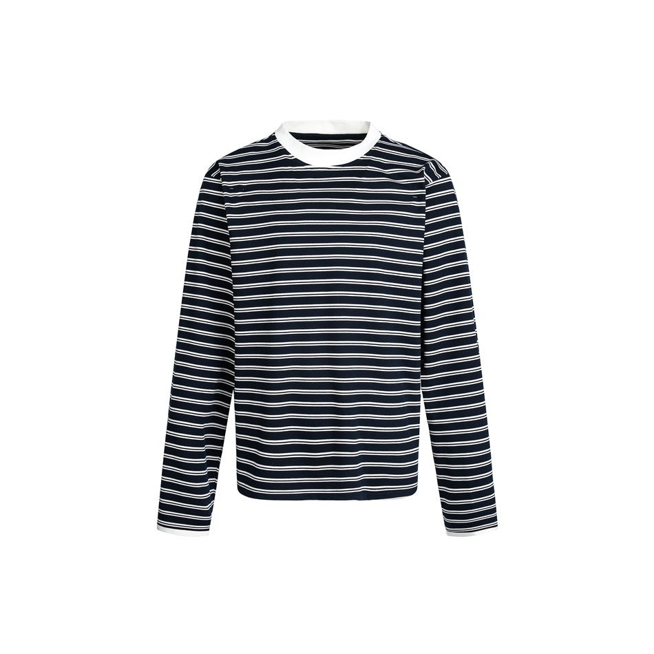 Dark navy and white striped long-sleeve crewneck top with white contrast collar, flat front view