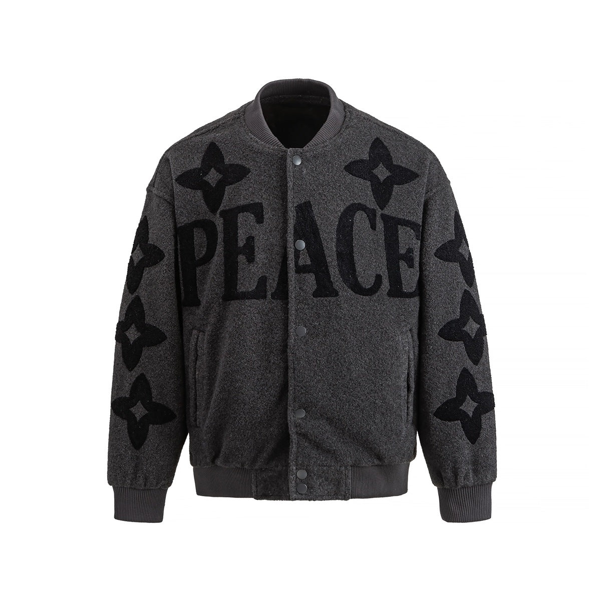 Charcoal gray textured bomber jacket with black PEACE lettering and star appliqués, snap front, front view