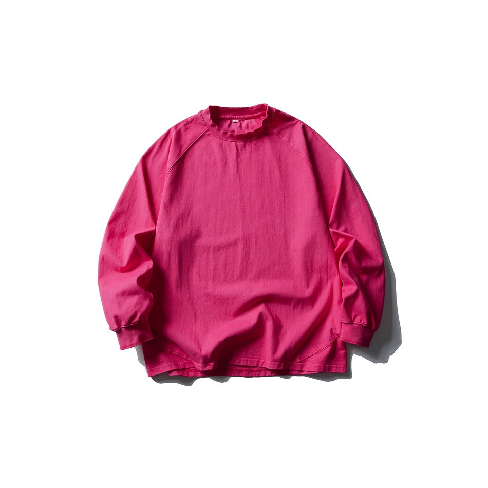 Rose red long-sleeve raglan crew-neck T-shirt flat lay, front view