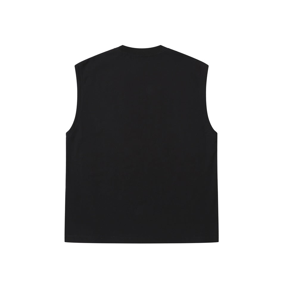 Black sleeveless crew-neck top, flat back view, plain with a ribbed neckband