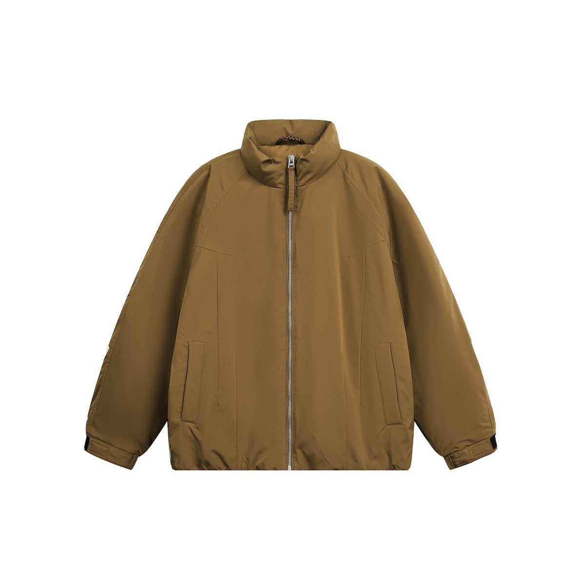 Tan brown stand-collar zip-front padded jacket, flat front view with slanted pockets and tabbed cuffs