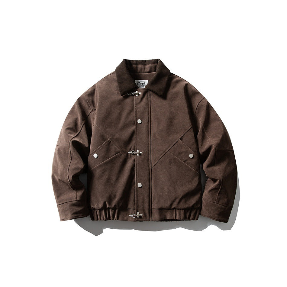 Brown bomber-style jacket flat lay, front view with metal hook closures, snap pockets and elastic hem