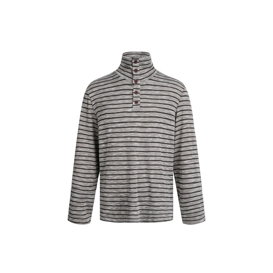 Gray and dark brown striped long-sleeve top with stand collar and five-button placket, flat front view