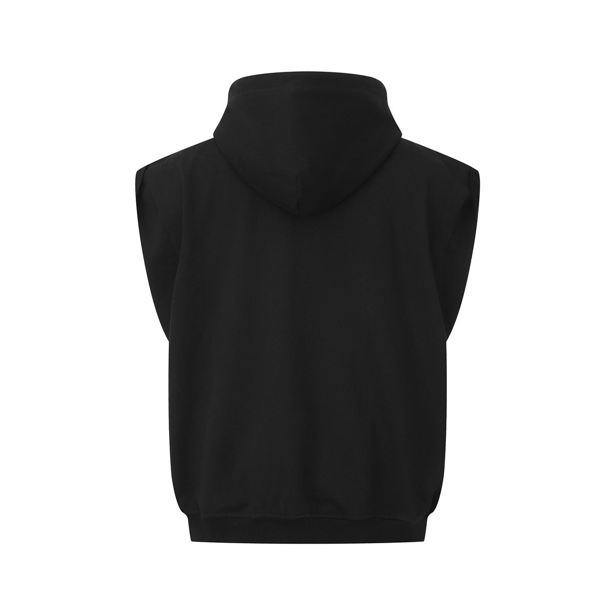 Back view of a black sleeveless hoodie with a hood and ribbed hem.