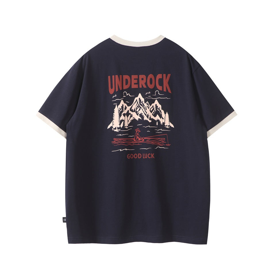 Navy short-sleeve T-shirt back with cream trim and red and cream mountain lake fishing print with GOOD LUCK text