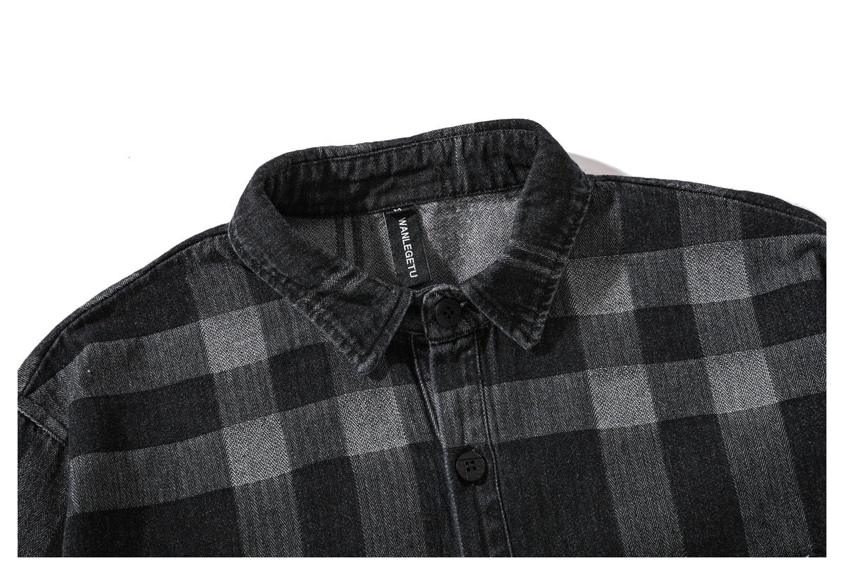 Close-up of the charcoal plaid shirt's pointed collar, top buttons, and neck label.