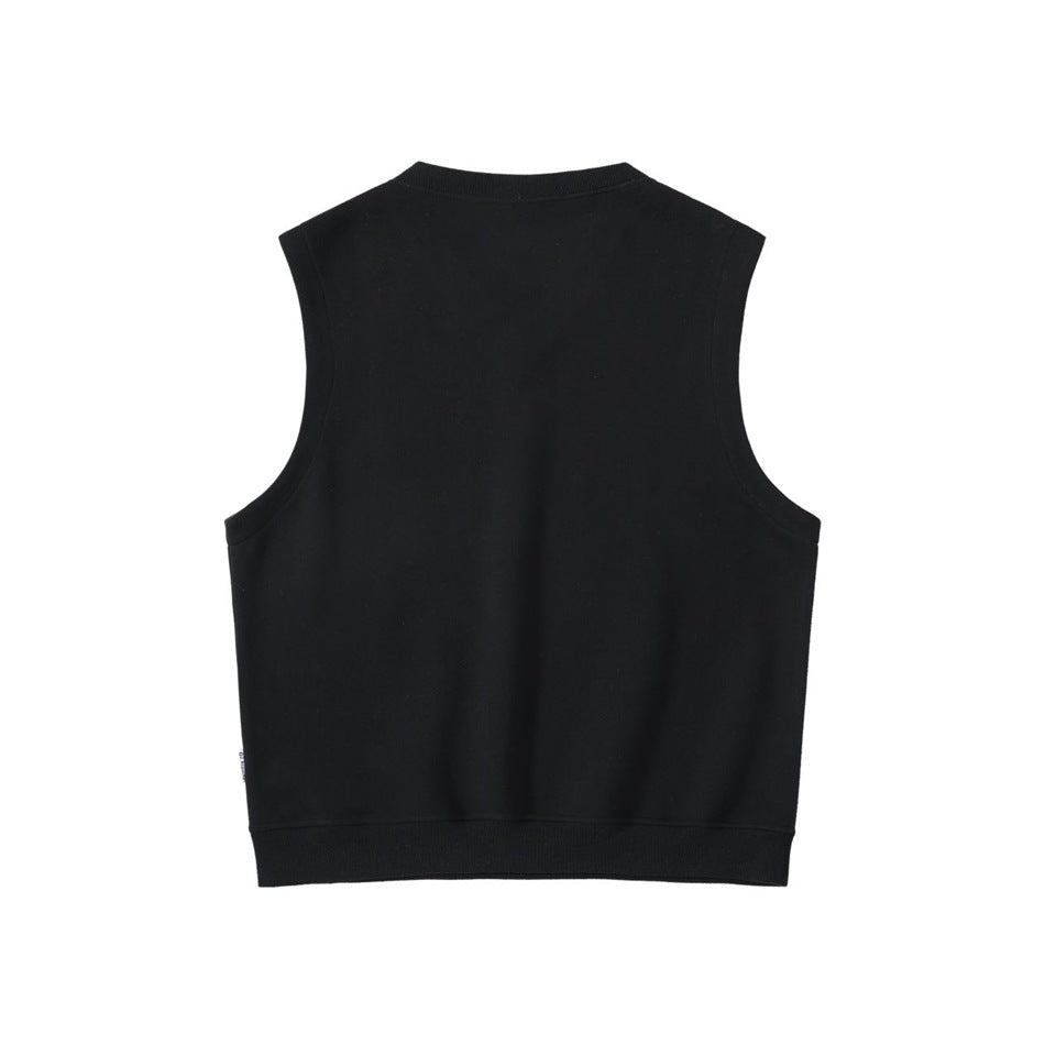 Back view of a plain black sleeveless vest with a ribbed neckline and hem.