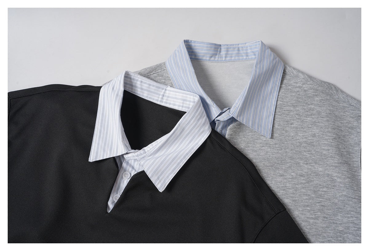 Overlapping black and heather-gray short-sleeve polos with contrasting striped shirt-style collars.