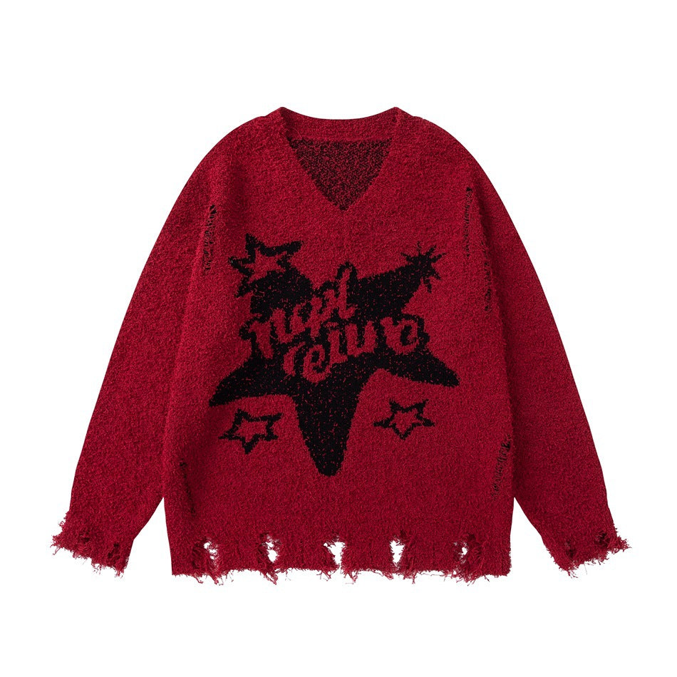 Red fuzzy V-neck sweater with black star and script graphic and frayed distressed hem and cuffs, flat front view