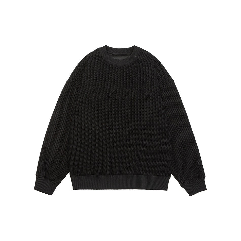 Black ribbed waffle-knit crewneck sweatshirt with tonal embossed chest lettering, flat front view