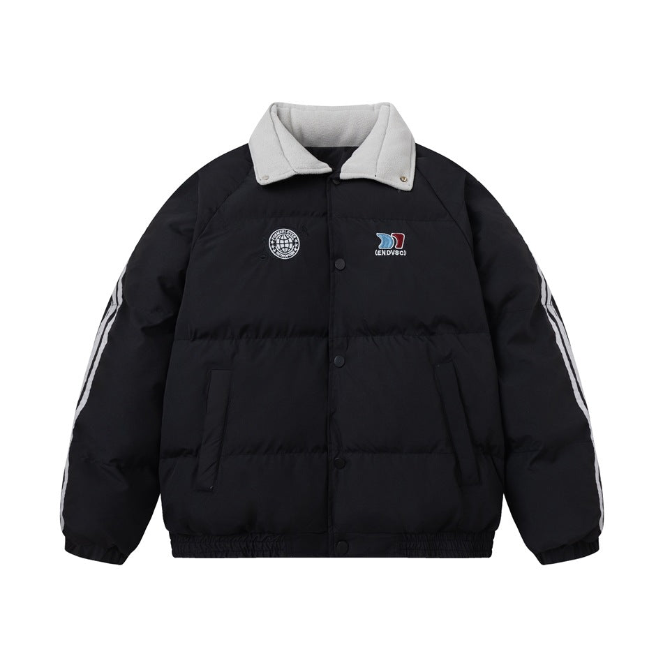 Black quilted puffer jacket with light gray fleece-like collar and sleeve stripes, snap front, flat view