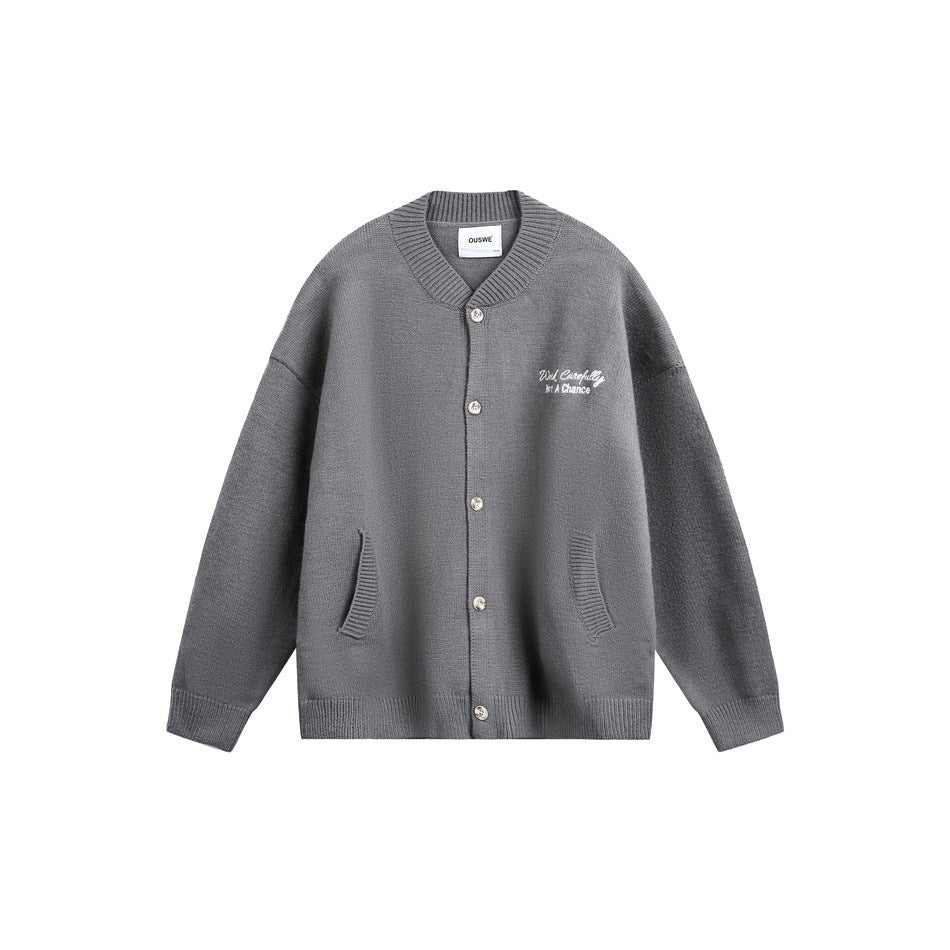 Gray knit button-front cardigan with ribbed collar, front pockets and white chest embroidery, flat front view