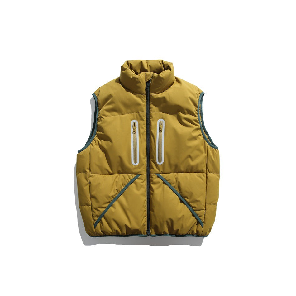 Mustard yellow quilted puffer vest with stand collar, front zipper, zip chest pockets and green diagonal trim, front view