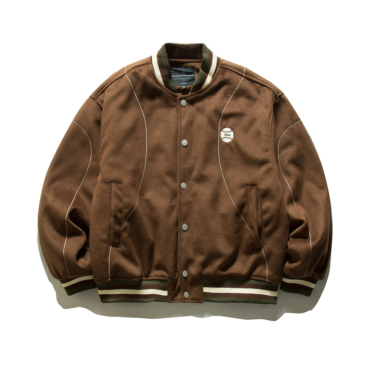 Brown varsity jacket with snap front, cream and green striped ribbed trim, and an embroidered baseball patch