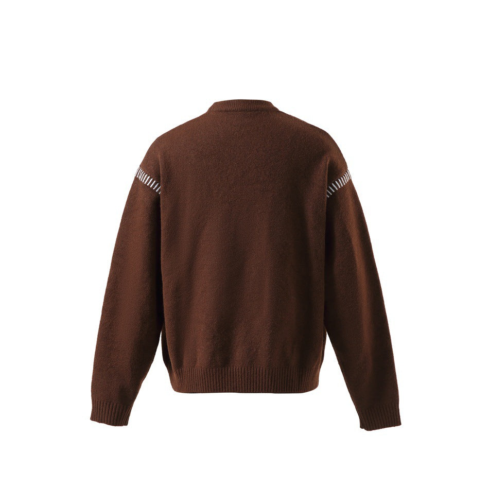 Back view of a brown long-sleeve knit sweater with ribbed edges and white stitch accents at the shoulders.