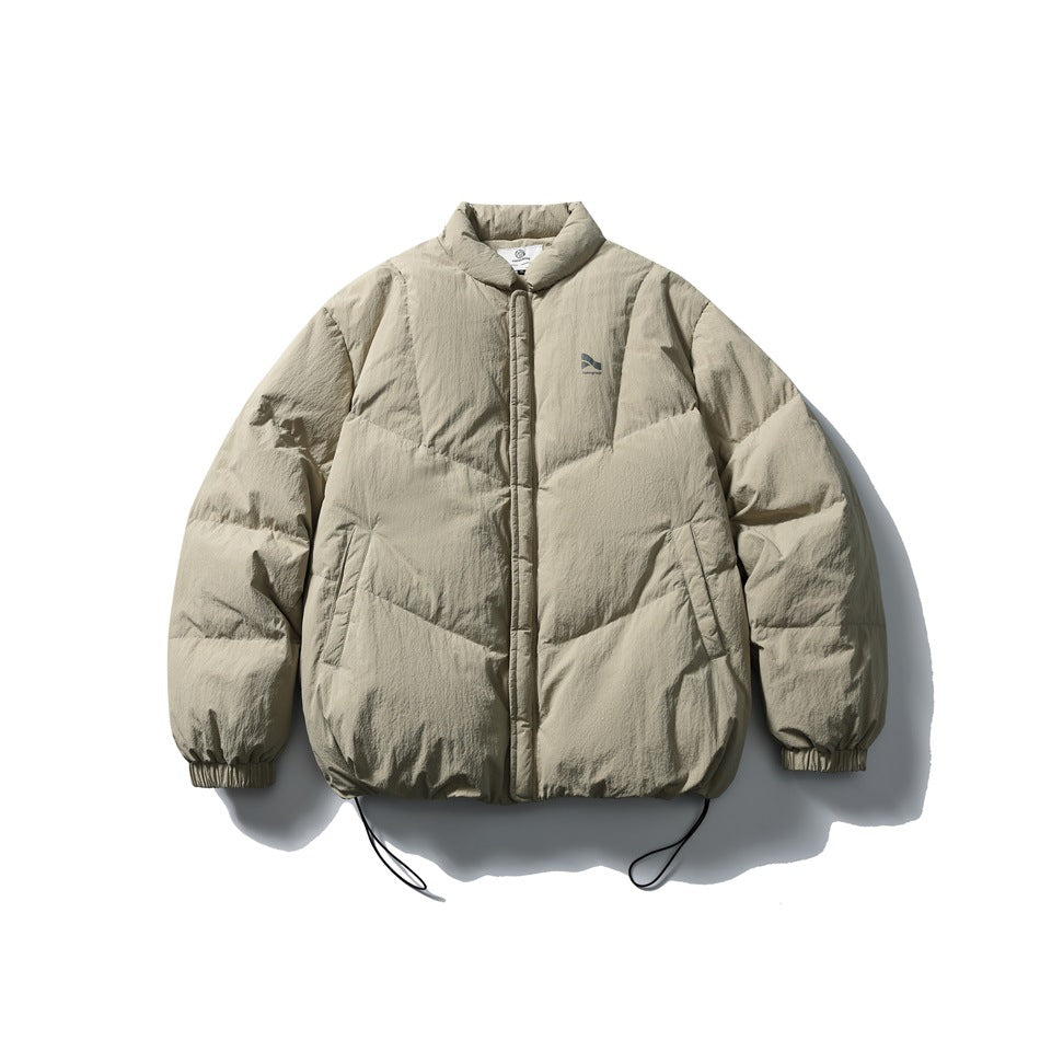 Khaki puffer jacket with stand collar, front zipper, quilted chevron panels, elastic cuffs and drawcord hem, flat view