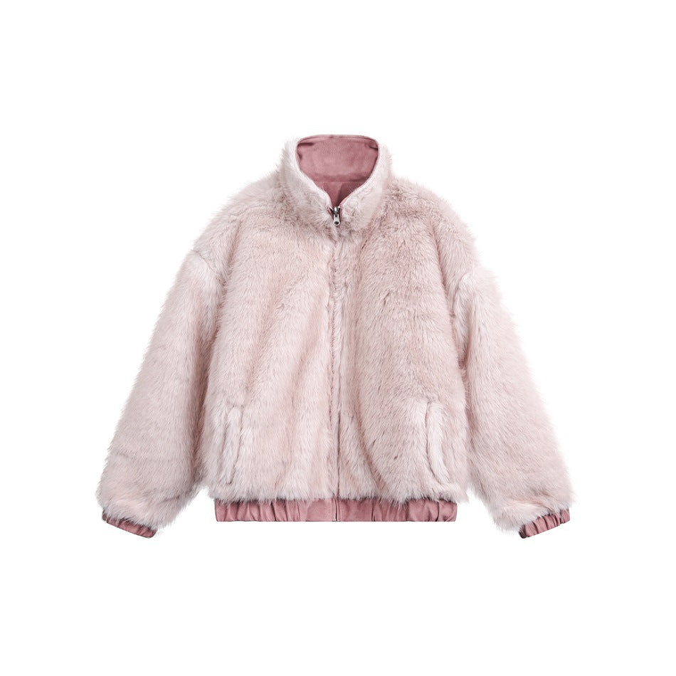 Front view of a pale pink faux-fur jacket with a zip front, high collar, and elasticated hem and cuffs.