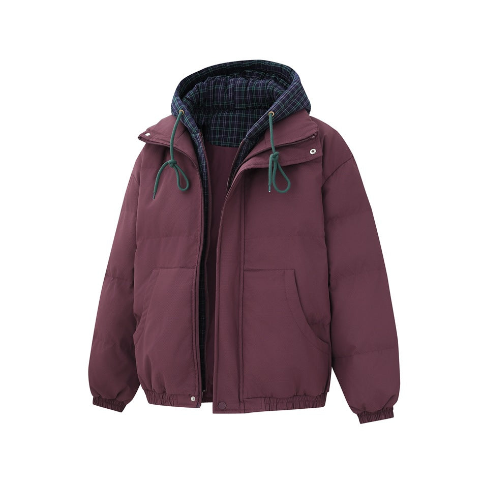 Front view of a burgundy hooded jacket, partly unzipped to show dark green plaid lining and green drawstrings.