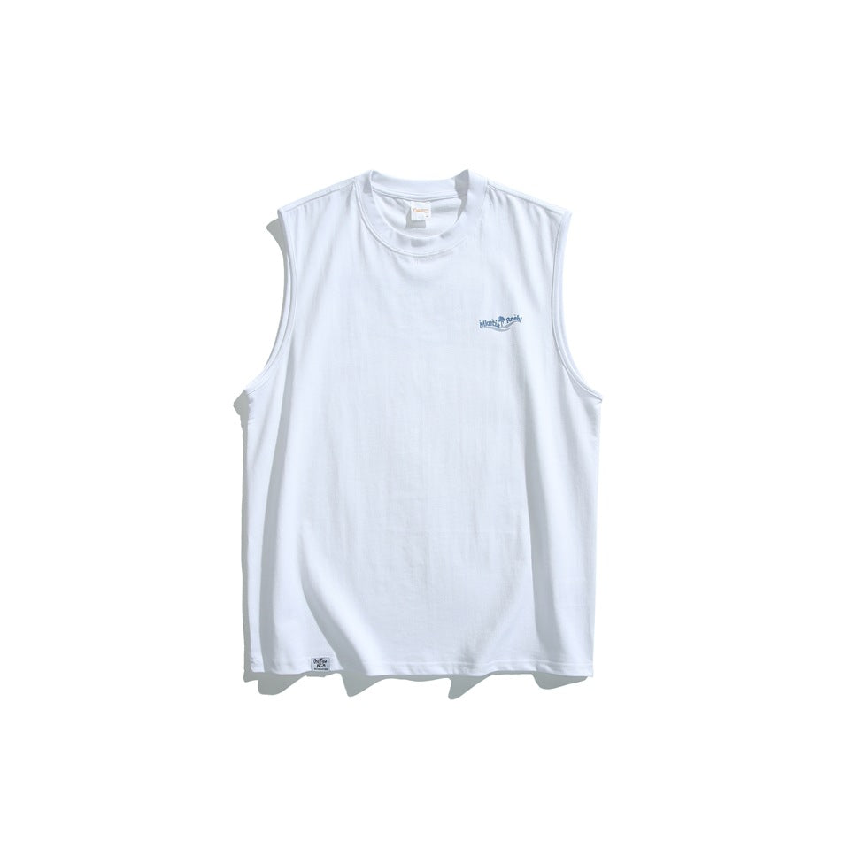 White sleeveless crew-neck tank top, front view with small blue chest print and hem label