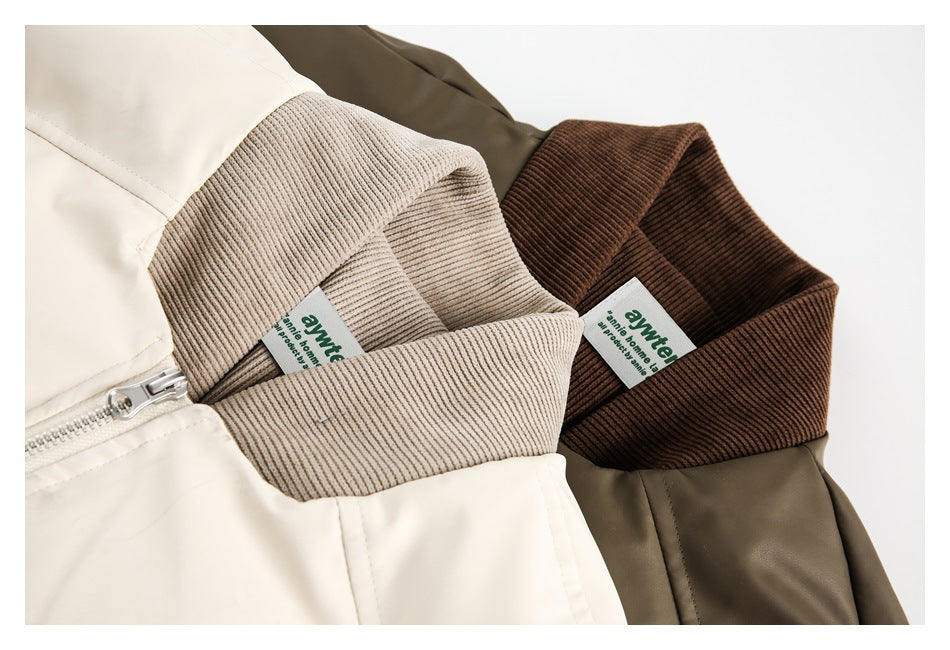 Close-up of ribbed collars and sewn-in labels on ivory and dark brown or olive jacket colorways.