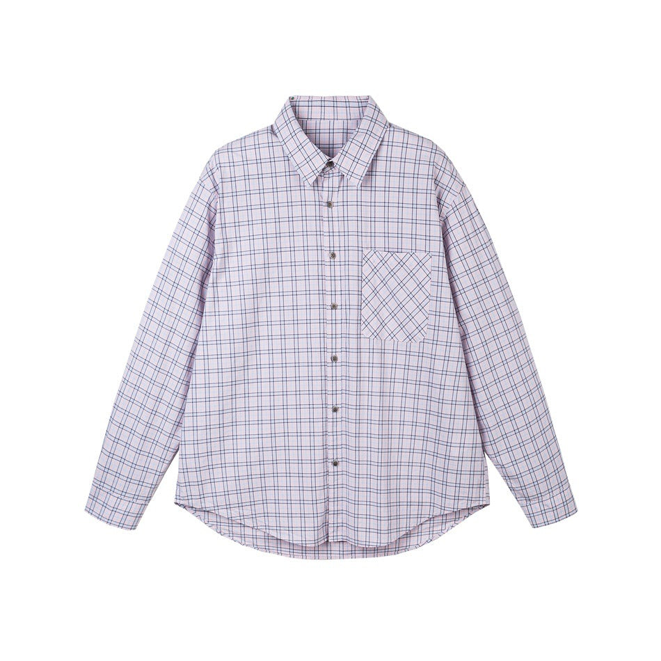 Pink and white check long-sleeve button-up shirt with chest pocket, flat lay front view on white background