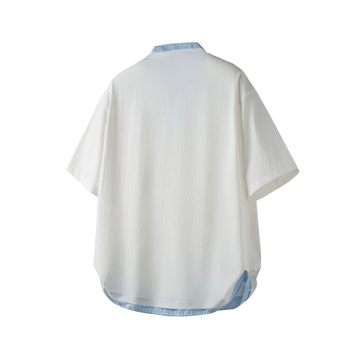 Back view of white short-sleeve shirt with blue striped collar trim and striped hem edge visible