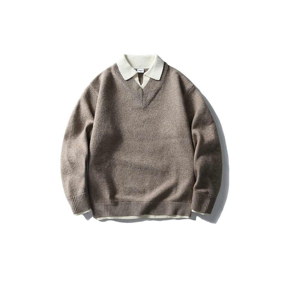 Khaki-brown V-neck knit sweater with cream polo collar and layered cream hem, flat lay front view