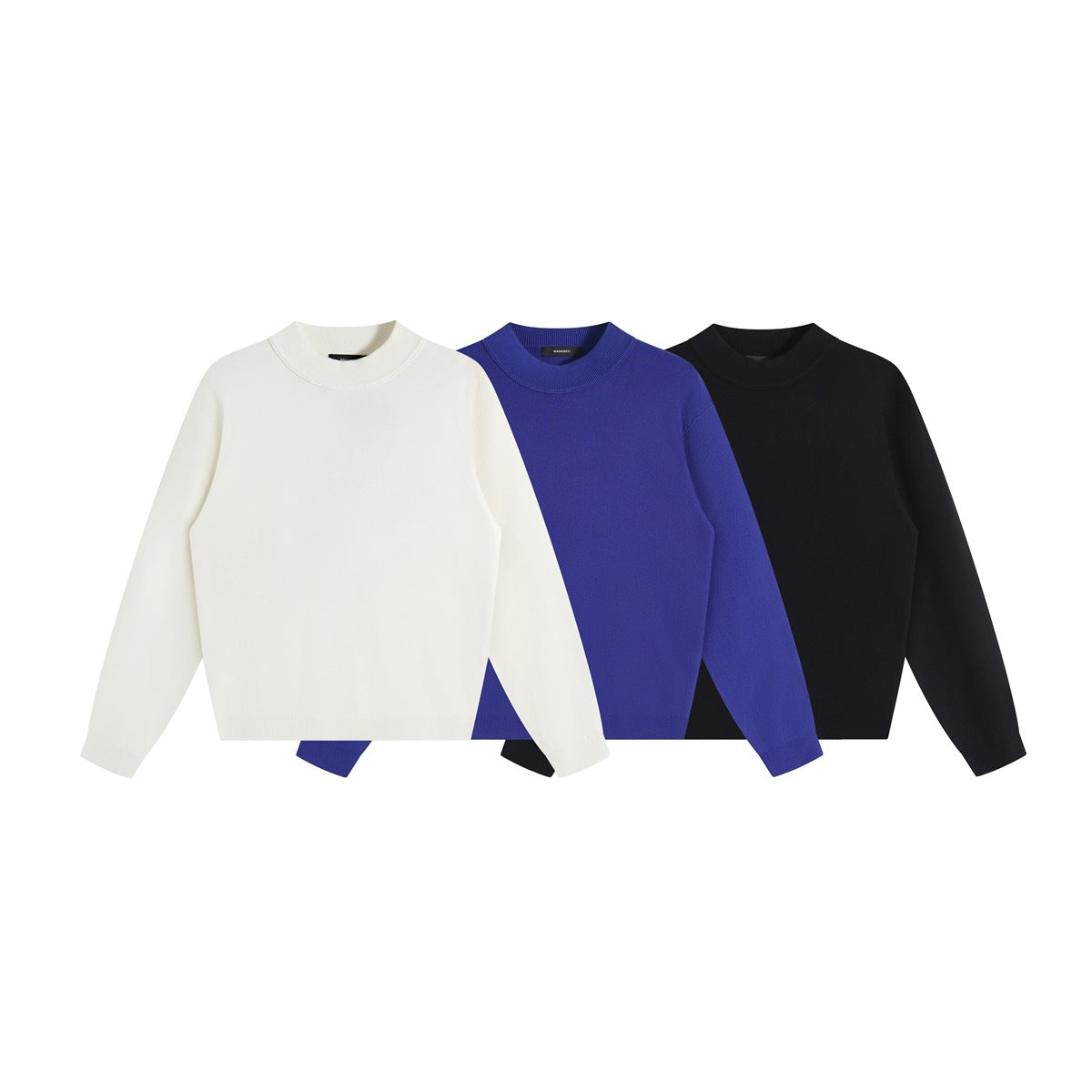 Three overlapping long-sleeve crewneck sweaters shown from the front in off-white, blue, and black.