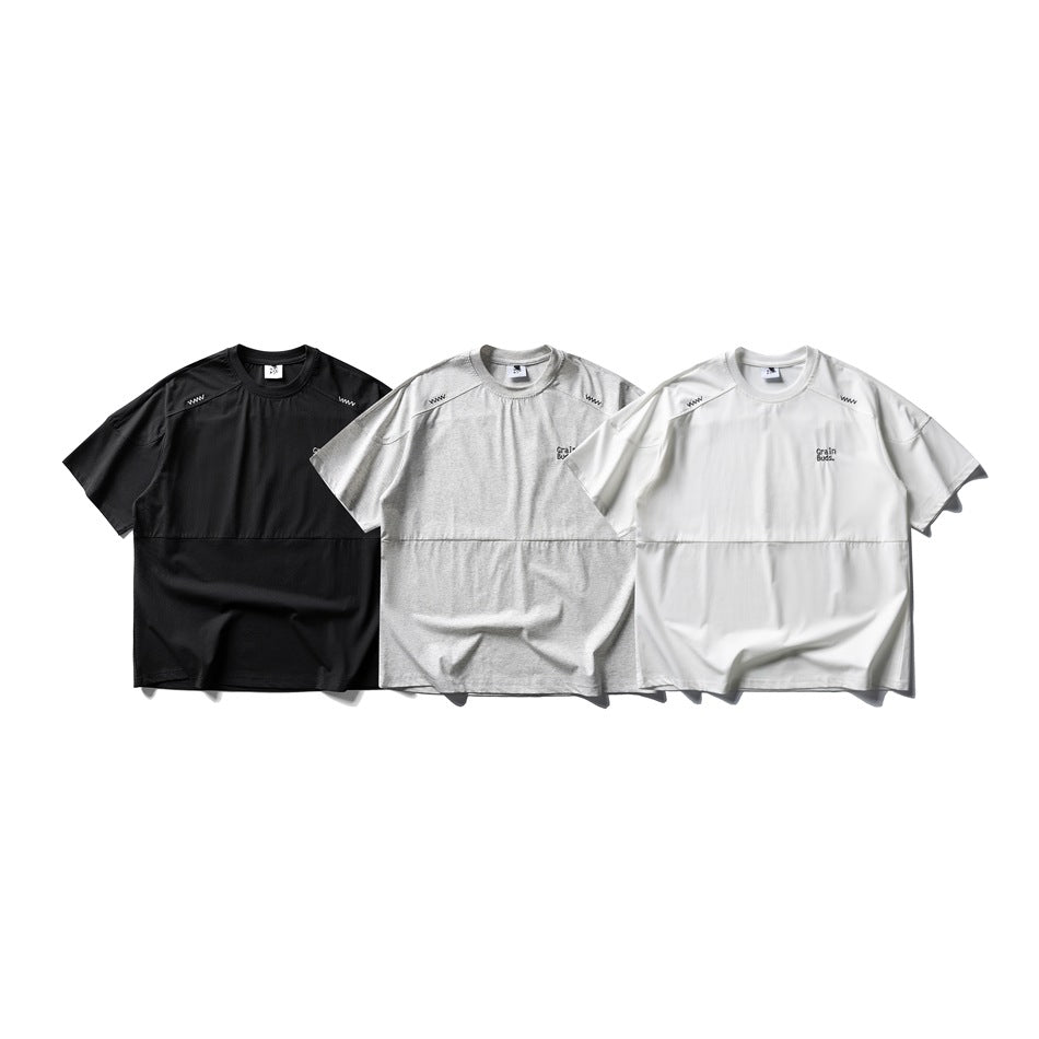 Three short-sleeve crew-neck T-shirts shown from the front in black, heather gray, and white.