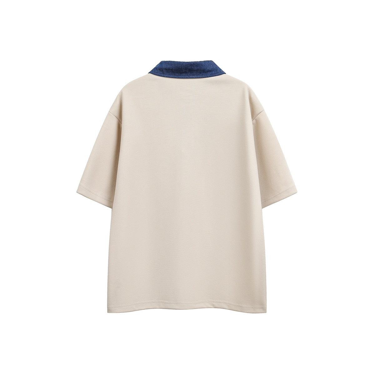 Back view of light khaki short-sleeve polo shirt with blue denim-look collar and drop shoulders