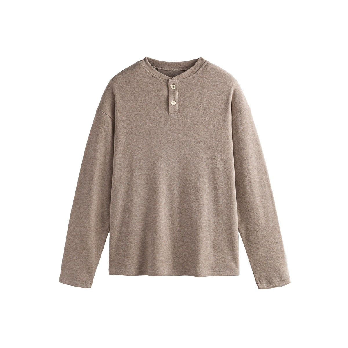 Khaki long-sleeve Henley top with two buttons and drop shoulders, flat lay front view