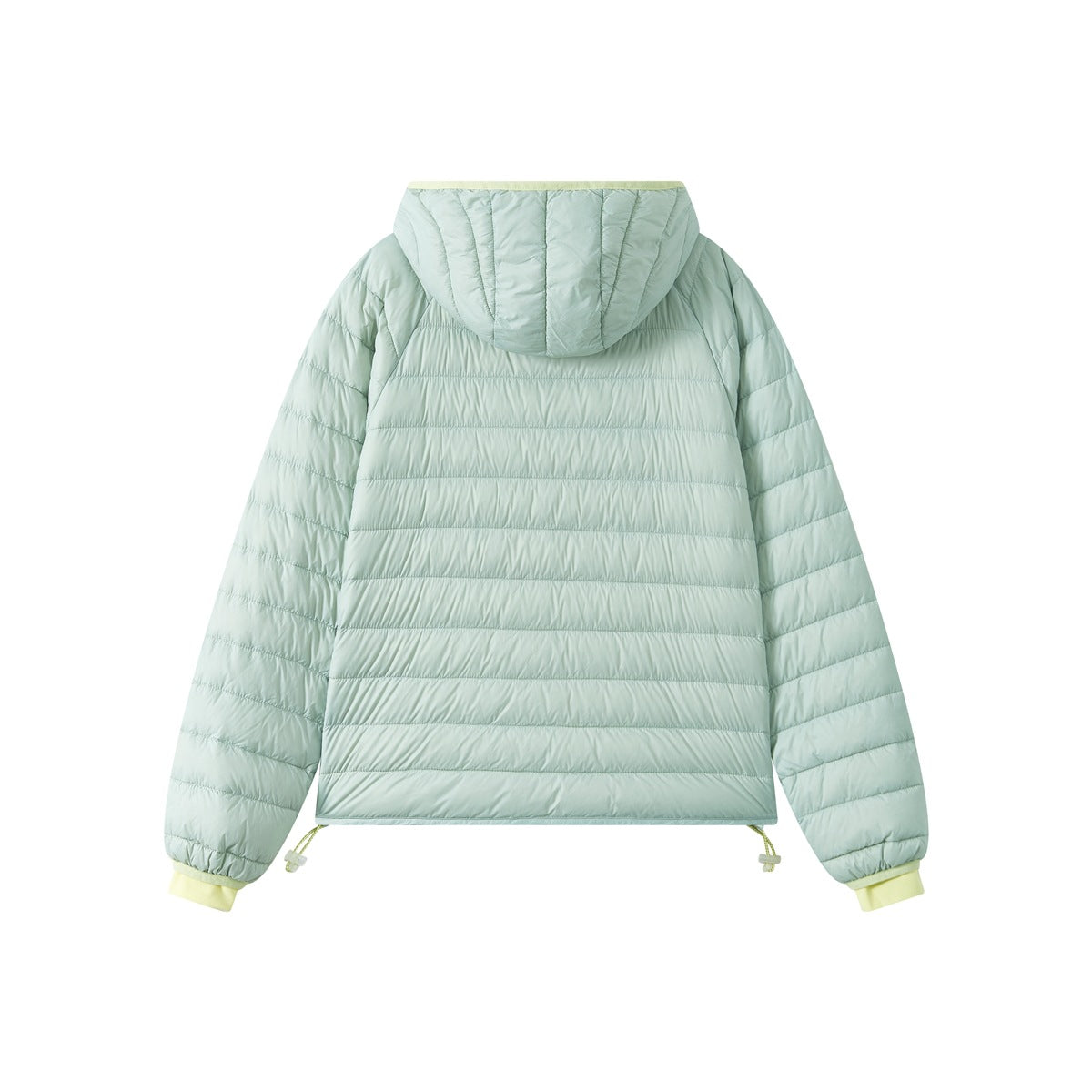 Back view of a pale mint quilted jacket with a hood, elastic cuffs, and adjustable hem cords.