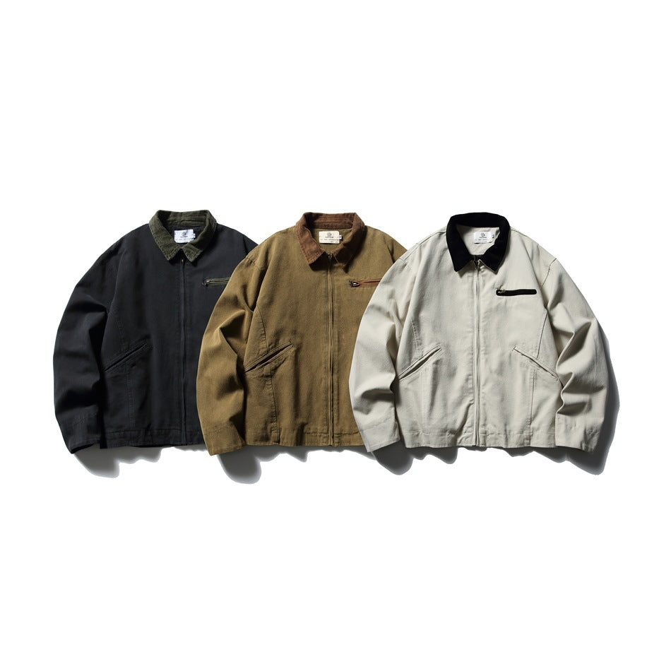 Three zip-front jackets shown together in black, olive brown, and off-white, each with a contrasting collar and chest pocket.