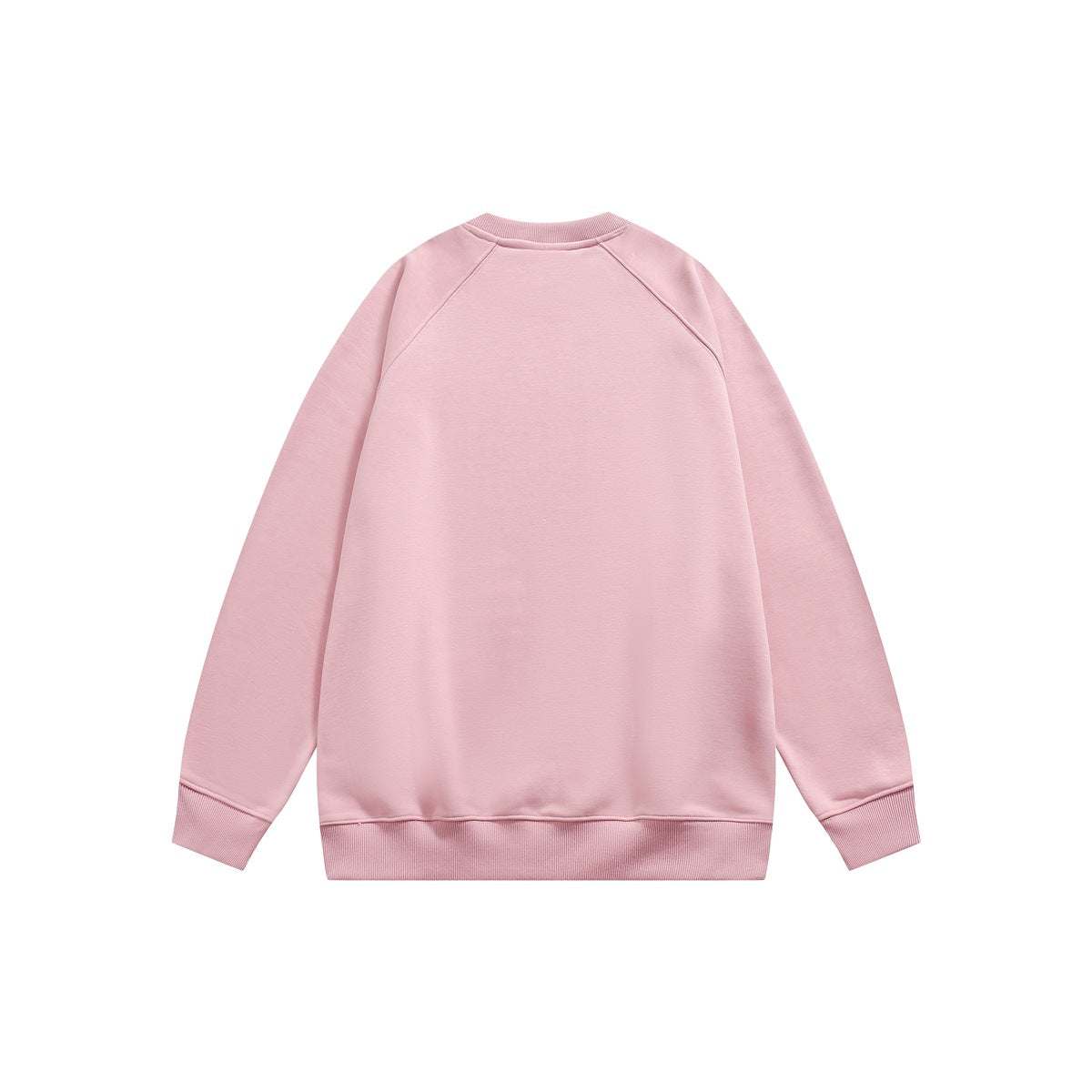 Back view of pink crew-neck raglan sweatshirt with plain back and ribbed cuffs and hem