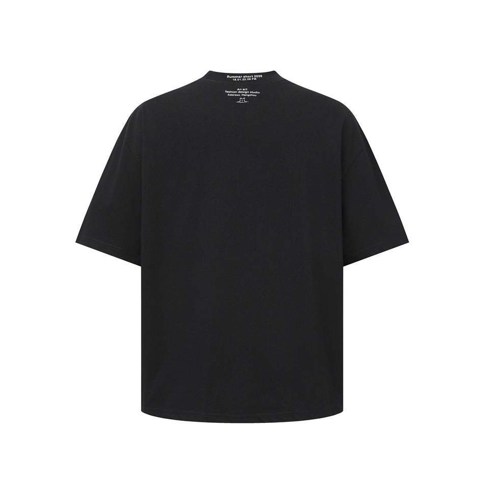 Black short-sleeve T-shirt back view with small white printed text at the back neck