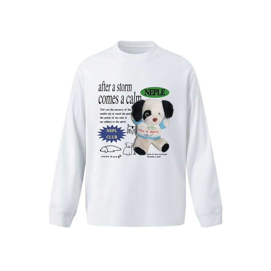 White long-sleeve sweatshirt with plush puppy graphic and slogan text printed on the front, flat lay