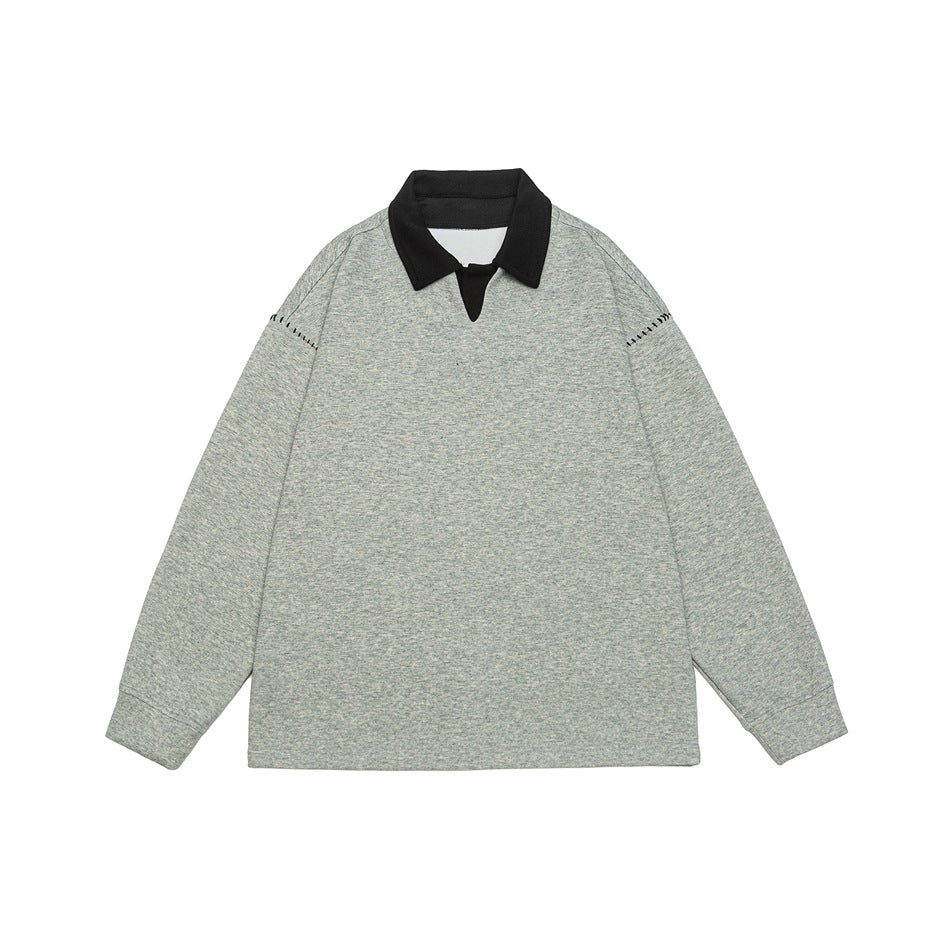 Heathered gray long-sleeve pullover with black polo collar and black contrast stitching on the shoulders, flat front view