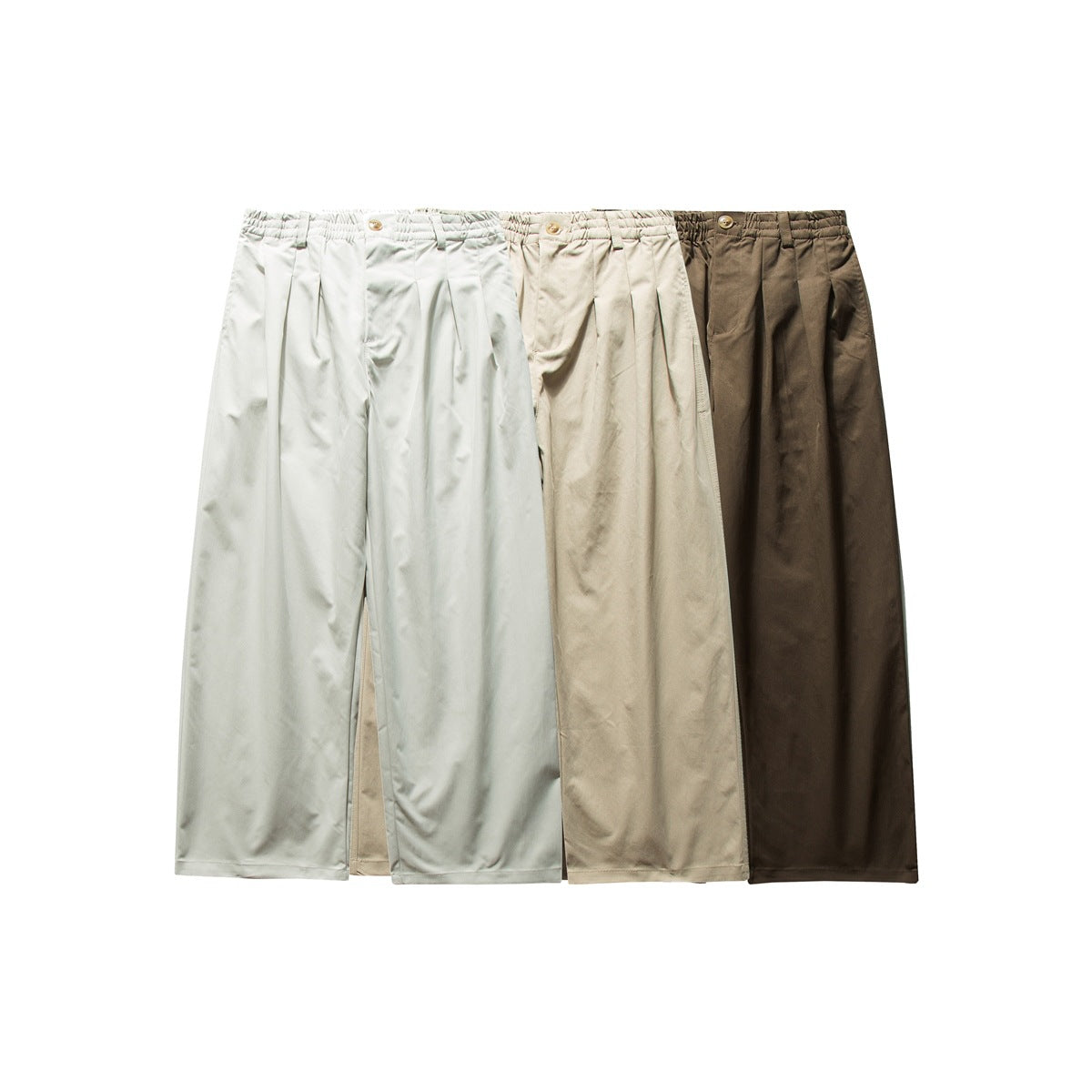 Three pairs of wide-leg trousers shown from the front in pale gray, beige, and dark brown.