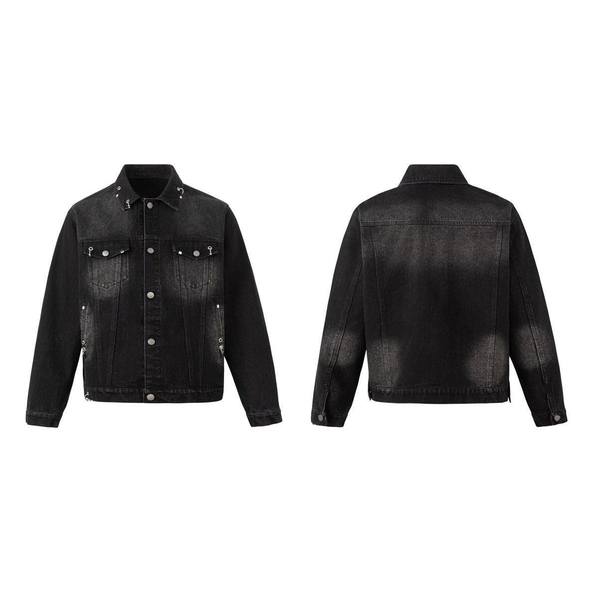 Black denim jacket shown from the front and back, with chest pockets, buttons, and silver hardware.