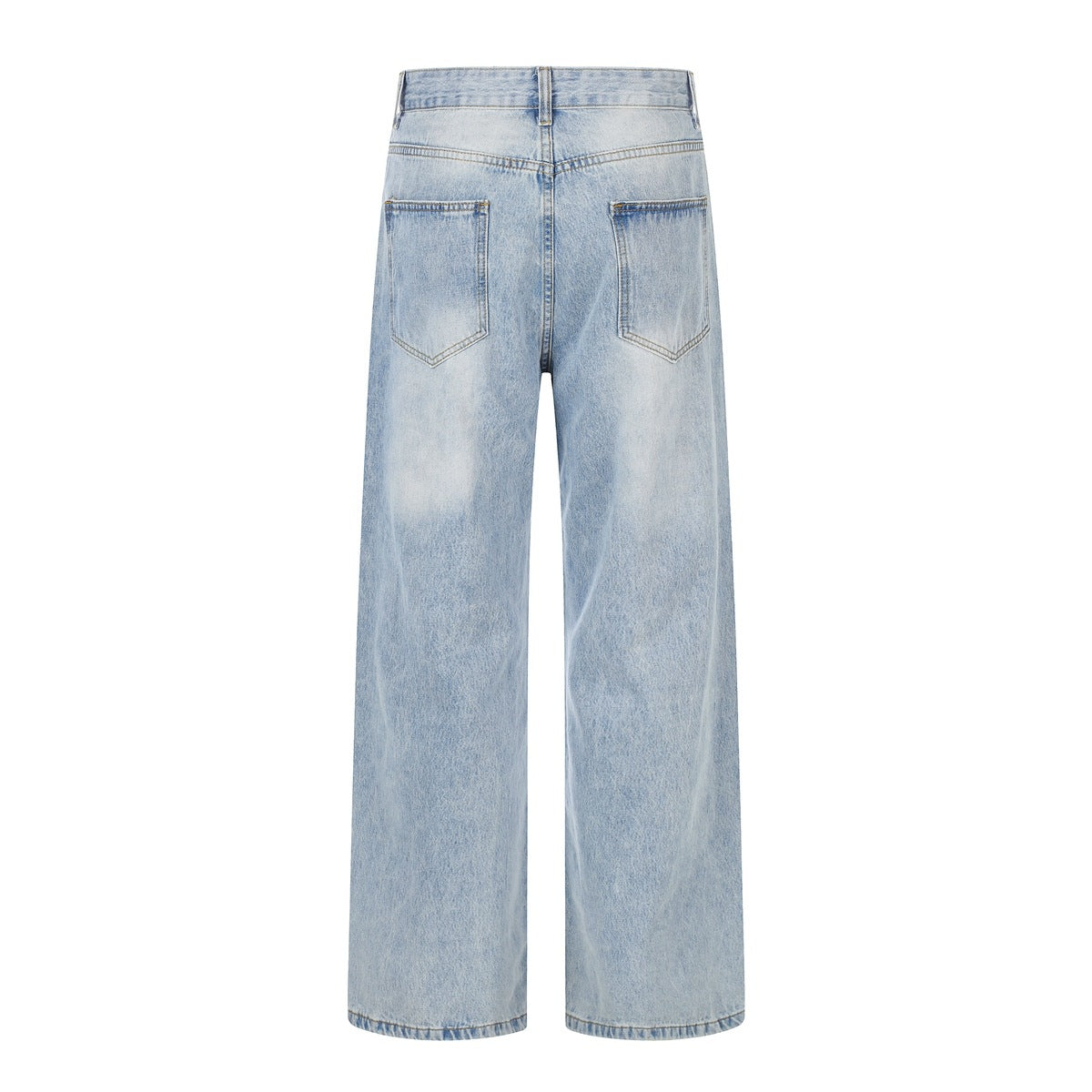 Back view of light-wash wide-leg jeans with two patch pockets and a belt-loop waistband.