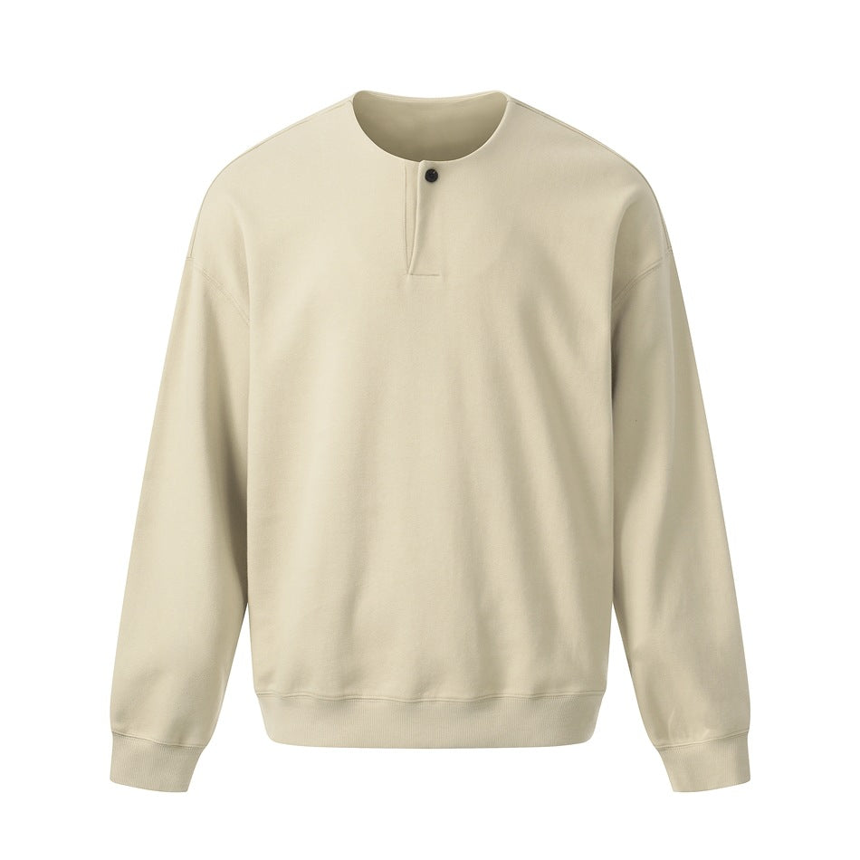 Khaki beige long-sleeve sweatshirt with round neckline, single-button placket and ribbed trim, flat front view