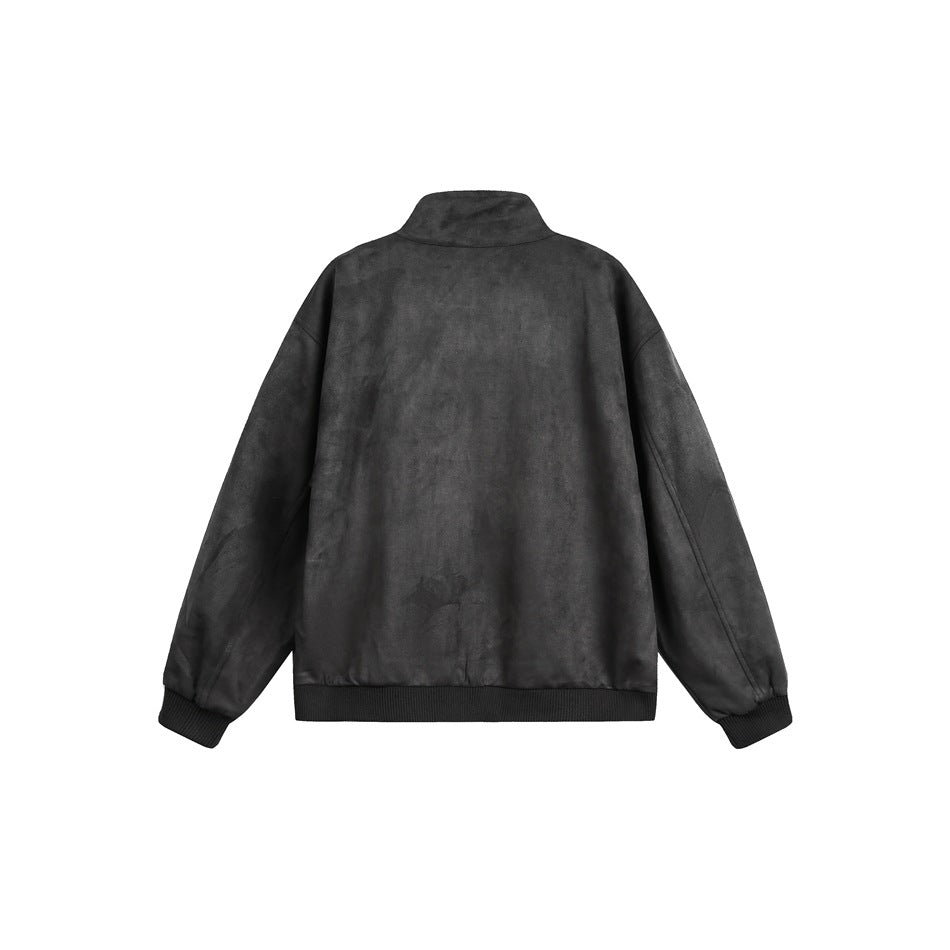 Back view of a black jacket with a raised collar, long sleeves, and ribbed cuffs and hem.